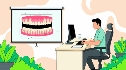 Man studying human teeth anatomy on projector screen in an office © Pixelply