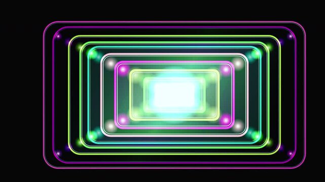Abstract Glowing Neon Tunnel with Colorful Rectangular Light Frames.