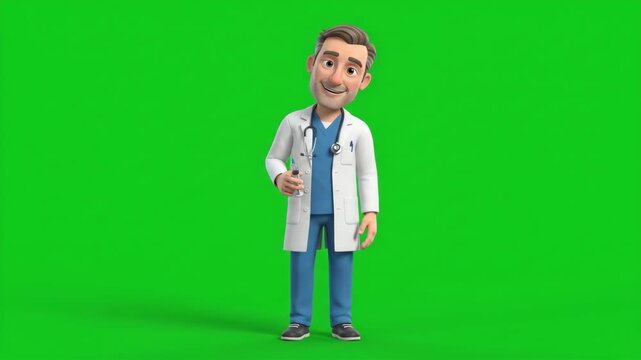 Friendly 3D cartoon doctor character in white lab coat and stethoscope, standing on green screen background.