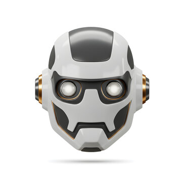 White and gray metallic robot head isolated with real transparent background for technology branding