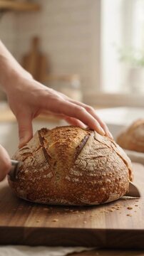 Artisan Sourdough Bread Preparation: A close-up shot captures a pair of hands expertly slicing a rustic sourdough loaf on a wooden cutting board, ready to be enjoyed.