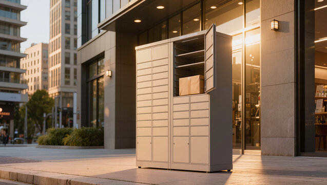 A parcel locker stands on a pavement with one tall door open on a carton inside, low sun glowing along the glass frontage behind it.