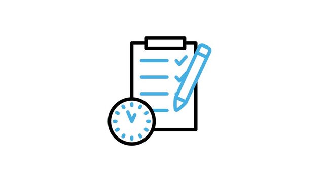 Time management list icon animation. Checklist data document with pen and clock animation video for evaluation, survey, review, quality, analysis, report, test. Motion graphics with alpha channel