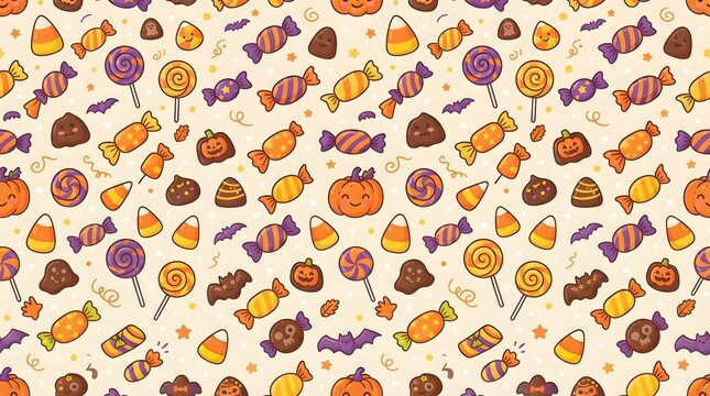 Colorful halloween candy pattern with pumpkins lollipops and treats for festive backgrounds