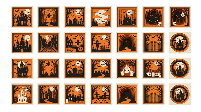 Collection of halloween themed illustrations including pumpkins ghosts and spooky scenes