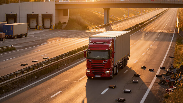 A red truck with a curtain trailer runs along a motorway beside a row of warehouse loading docks, long shadows striping the tarmac.