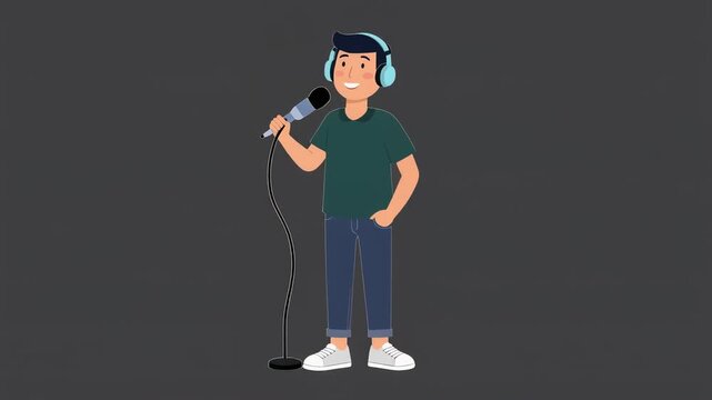 Cartoon Young Male Podcaster Speaking into Studio Microphone