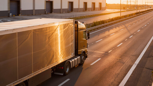A curtain trailer catches the low sun as the truck passes a long warehouse with loading docks, the empty motorway stretching beyond.