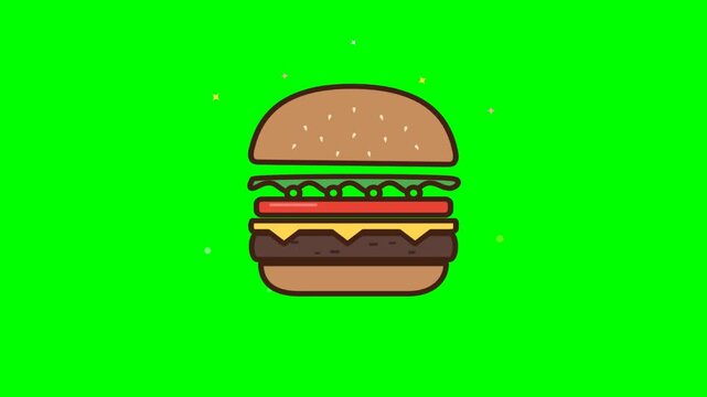 Animated cartoon burger floating on green screen background