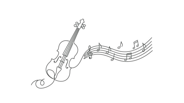 Continuous line drawing of a violin with musical notes on a staff, minimalist musical instrument illustration