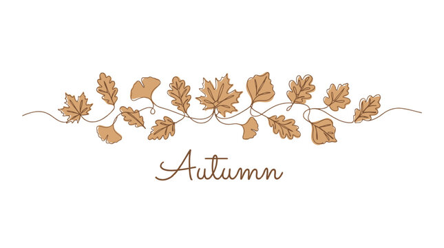 Continuous line art of autumn leaves border, decorative garland with maple, oak and ginkgo foliage, elegant botanical element for seasonal design