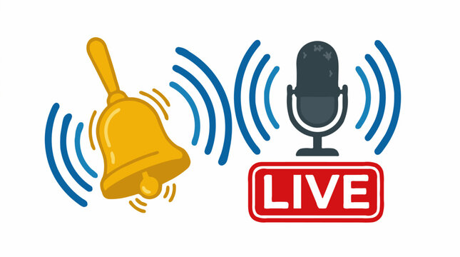 Flat design vector illustration of a ringing bell and microphone with live broadcast icon, communication concept