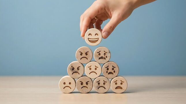 A person places a smiling wooden block on top of a pyramid of sad with blocks with block happy expression, pyramid built other