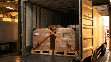 A pallet of cartons is strapped in a crossed pattern at the rear of a truck body, the dock plate bridging the gap to the warehouse.