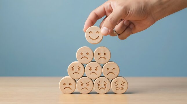 A hand placing a wooden block with a happy face icon on top of a pyramid of sad faces with frustrated facial expressions