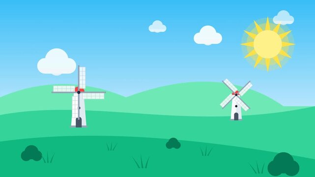 Flat Vector Animation of Spinning Windmills in a Sunny Green Meadow