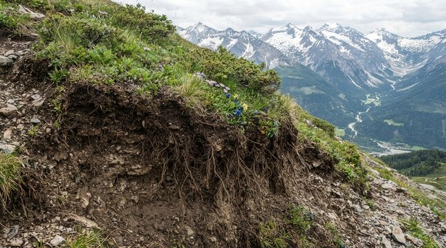 Exposed mountain root system stabilizing rocky alpine terrain with green vegetation