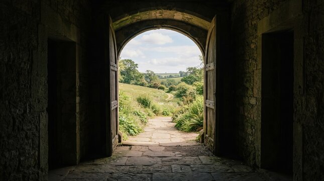 Abandoned brick archway framing open field with natural sunlight and greenery