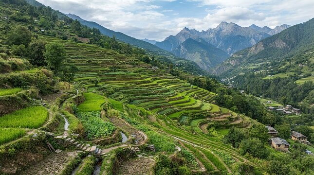 Terraced rice paddies cultivated by rural farmers in mountainous southeast asian countryside with expansive copy space
