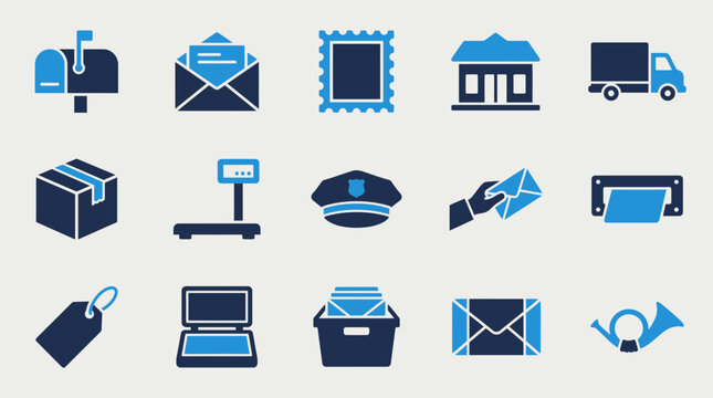 Postal service and logistics icons set featuring mailbox envelope postage stamp post office truck delivery box scale and mail