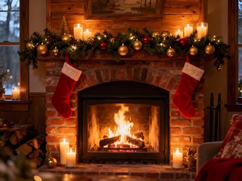 Festive Christmas fireplace adorned with garland, glowing candles, and stockings, radiating a warm and cozy holiday ambiance for winter celebrations