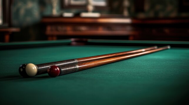 Classic billiard table with wooden cues and colored balls in a sophisticated vintage pub interior setting
