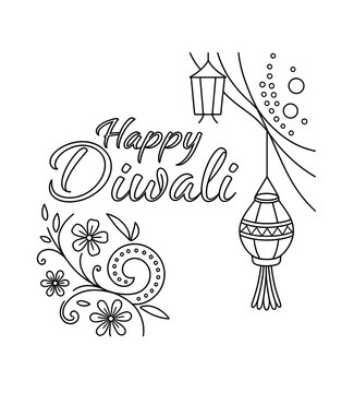 Black outline Happy Diwali typography concept with paper kandil lanterns, flowers, and festive swirls