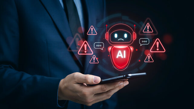 Person holding smartphone with sad AI robot icon and red warning symbols artificial intelligence