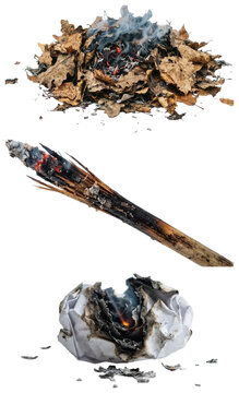A collection of smoldering objects with smoke, ash, and charred textures on a white background.
