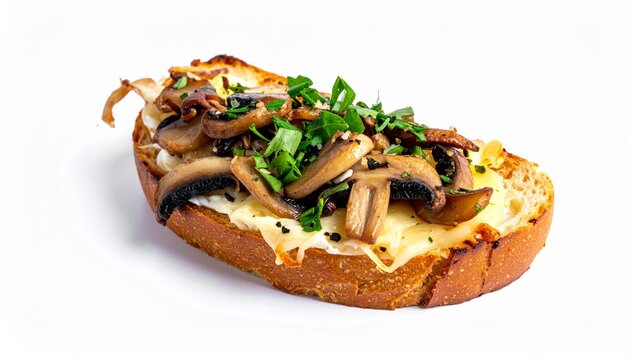 savory toasted crusty bread topped with sauteed mushrooms and herbs