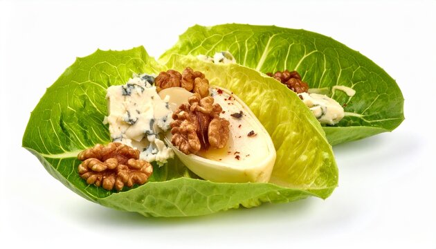 savory blue cheese and walnuts served on fresh green leaf