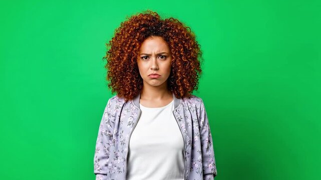 Sad young woman with curly red hair pouting against green background
