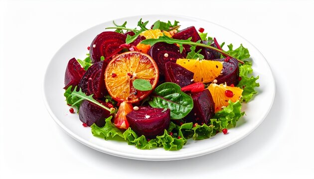 healthy roasted beetroot salad with sliced sweet orange and greens