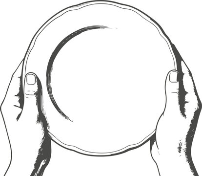 Hands holding an empty round plate sketch illustration of human fingers gripping circular dish for food serving and dining