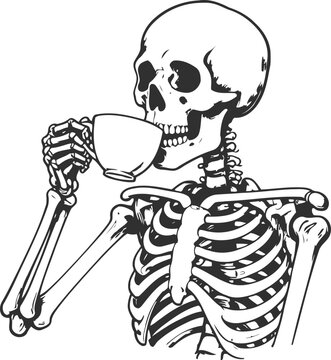 Skeleton drinking tea or coffee cup humorous spooky human bones illustration, halloween design concept