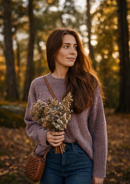 A woman in a cozy knit sweater holds a bouquet of dried wildflowers on a gentle walk through an autumn forest. Surrounded by golden leaves, soft sunlight, and tall trees with seasonal vibe