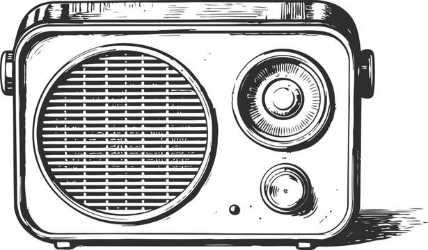Vintage radio drawing retro communication device with speaker and tuning dials classic electronic appliance sketch