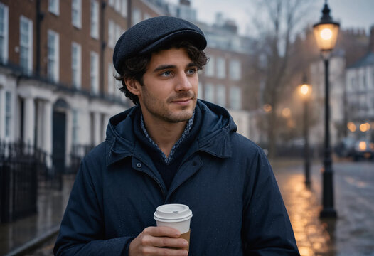 A handsome young man wearing a flat cap and dark jacket walks through a misty London street at dawn with a hot coffee cup. Glowing streetlamps create a moody British morning scene