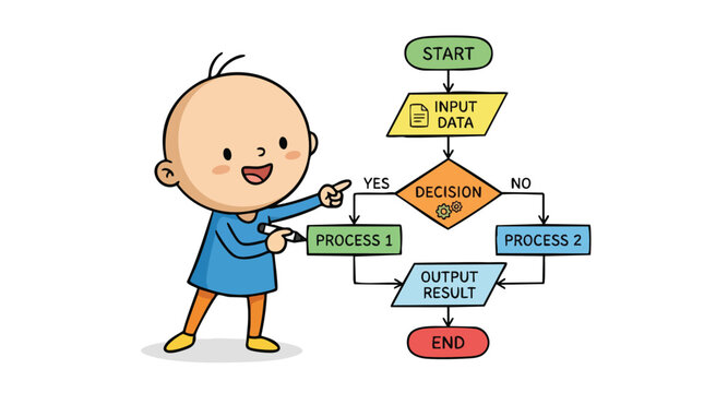 Child presenting flowchart with start input data decision process and end