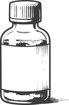 Vintage glass medicine bottle with blank label and screw cap illustration in black and white
