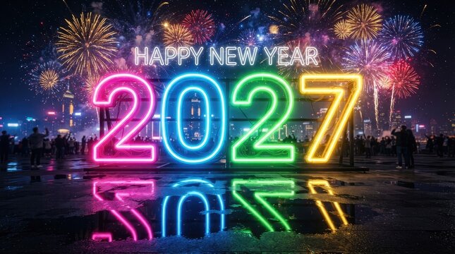 A vibrant and dazzling display of neon lights announces the arrival of the year 2027 filled with hope joy and exciting new beginnings for