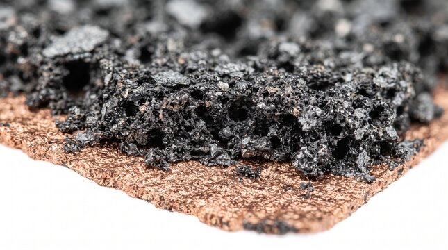 Extreme macro shot of lithium ion battery anode copper foil with porous graphite coating