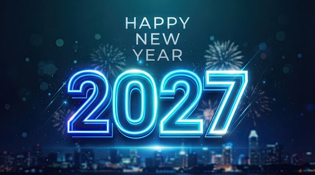 A vibrant futuristic new years eve celebration welcomes twenty twenty seven with glowing neon lights and joyful festive anticipation for the year to come
