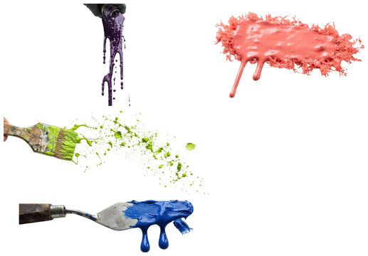A set of vivid paint splashes, smears, and drips in bright contemporary colors.