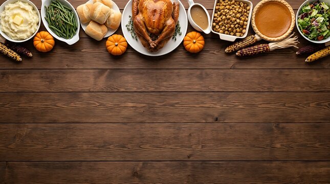 A delicious roasted thanksgiving turkey served with traditional side dishes on a rustic wooden table for a festive holiday dinner