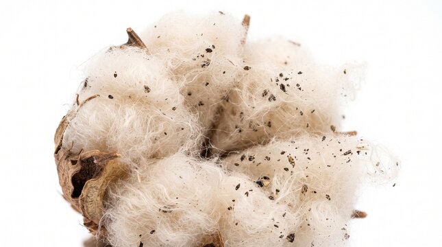 Extreme macro shot of raw unbleached organic cotton boll fibers with botanical seed specks isolated on white background