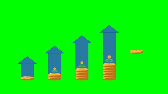 Gold coin stacks build up one by one while coin-flower plants grow on top of each taller stack and blue growth arrows rise from the baseline behind each finished stack, then the arrows sink back down