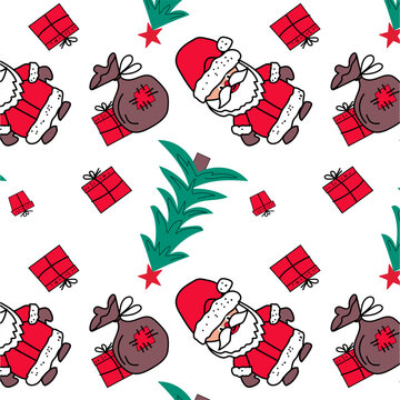 seamless doodle christmas pattern with green tree, santa, gifts,  hand draw  scketch red, green color
