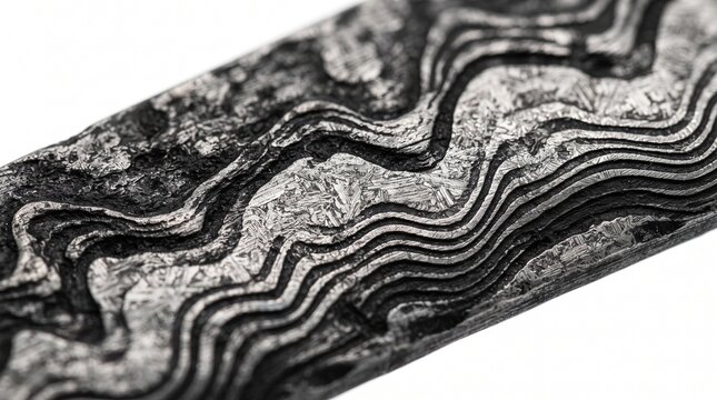 Extreme macro shot of hand forged damascus steel wavy metallic pattern cross section