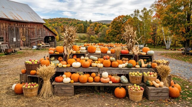 A colorful pumpkin display in a rustic barnyard setting with a wooden table and hay bales, surrounded by a variety of fall foliage and a cloudy sky.